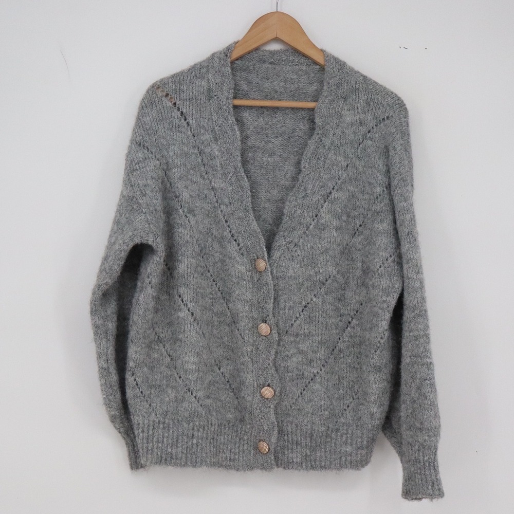 Cardigan Womens L C19KBALH83 Grey Pointelle Knit Button-Down Excellent